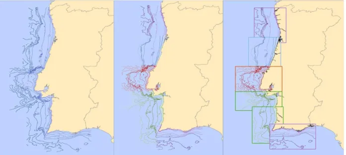 Fig. 11 – Modelos isobatimétricos de Portugal Continental. Na imagem da esquerda está representada a batimetria no geral  para toda a costa; nas imagens do centro e da direita a batimetria está discriminada de acordo com as áreas das diferentes  Cartas Náu