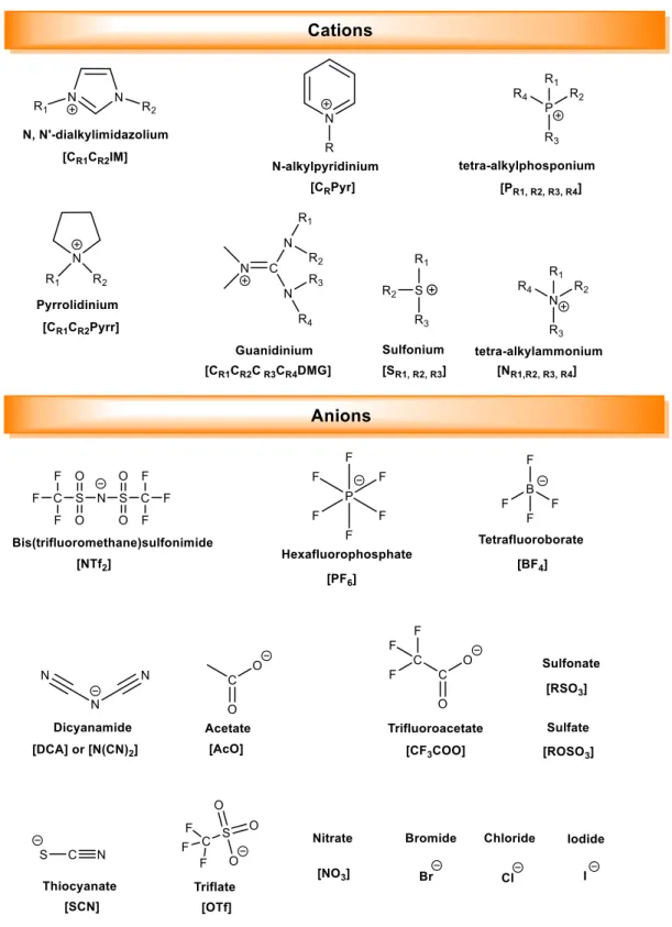 Figure 1.8 – Typical examples of cation and anion pairs used to form ionic liquids. 