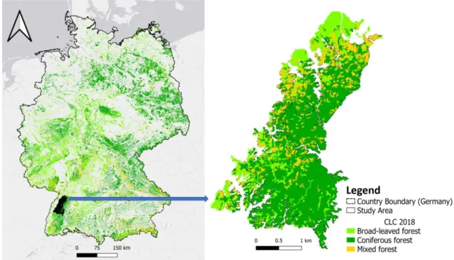 Figure  2:  CORINE  land  cover  (CLC)  of  2018  which  here  comprises  of  Coniferous,  Broadleaved and Mixed forests for Germany (left) and the Study Area (Black Forest on  the right) which will be used to analyse the impact of drought on forest vitali