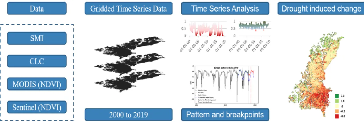 Figure 6: The above flowchart describes the methodology of the study starting from data  collection and storing SMI and NDVI data for each forest type in raster stacks and bricks