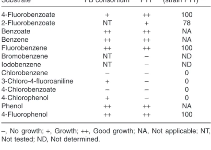 Table 1. Utilization of various aromatic compounds by strain F11 and by  the consortium from which strain F11 was isolated