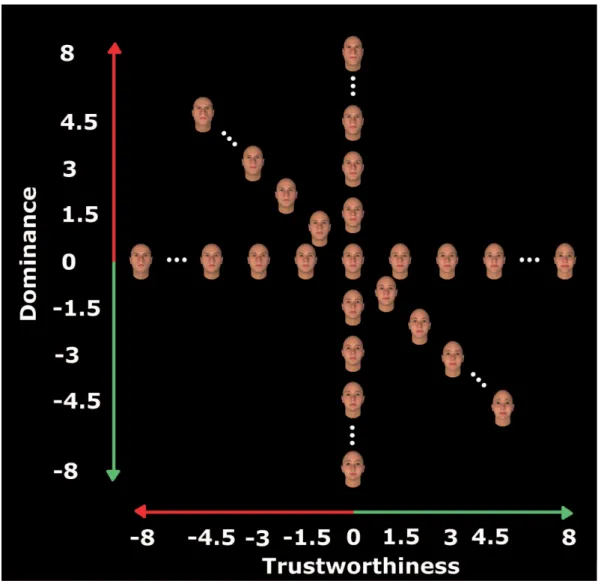 Figure  3.  Example  of  the  two-dimensional  face  space  defined  by  the  orthogonal  axes  of  trustworthiness  and  dominance