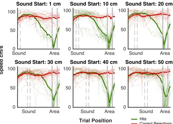 Figure 2.4: Mice’s Speed Behavior: Individual trials and mean (thick lines) speeds of one example animal in hit and correct rejection trials across 6 of the 11 possible sound start locations.