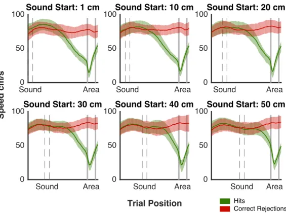 Figure 2.5: Mean Speed Behavior: Mean speeds of 10 sessions, for one animal, across sound 6 of the 11 possible start locations, for hit and correct rejection trials