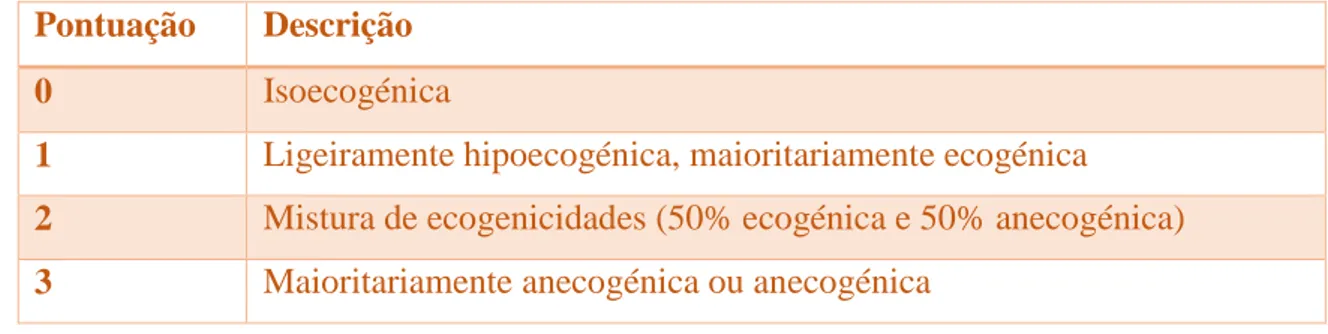 Tabela 1- Sistema de pontuação da ecogenicidade (adaptado de Rantanen et al., 2011)  Pontuação   Descrição 