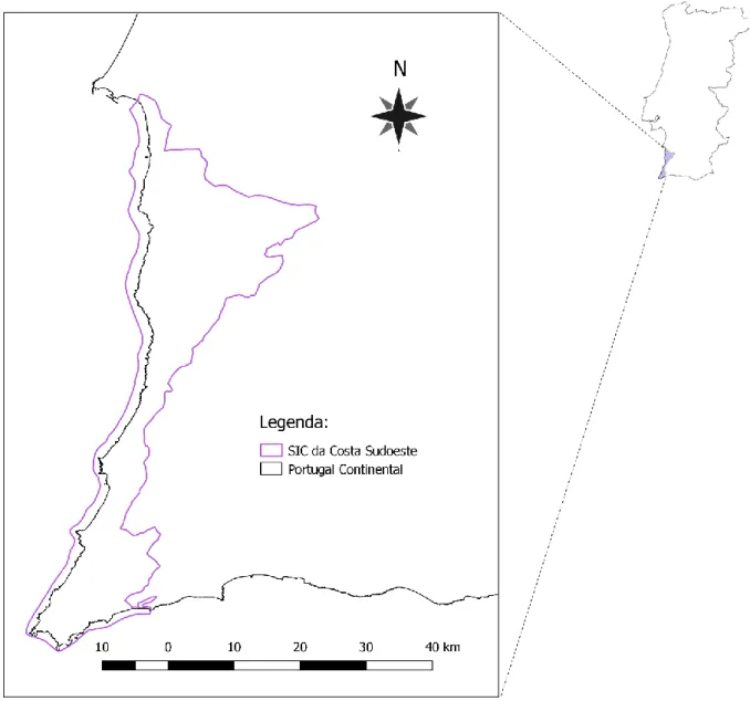 Figura 1: Localização da área de estudo - SIC da Costa Sudoeste. 