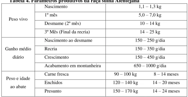 Tabela 4. Parâmetros produtivos da raça suína Alentejana 
