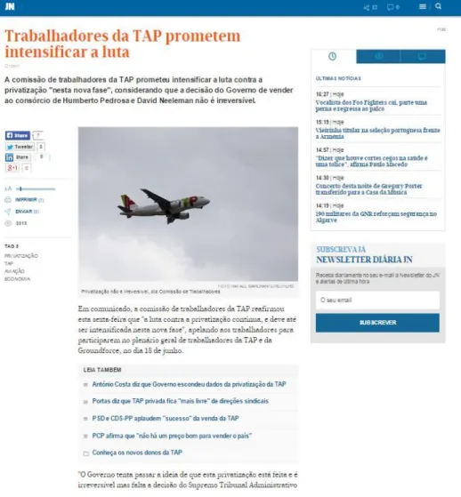Figura 11- Notícia disponibilizada no website do Jornal de Notícias (acedido  a 12 de junho 2015, às 16.52h)