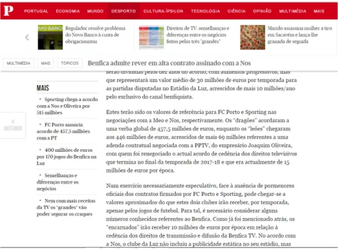 Figura 5 - Notícia acerca da revisão do contrato celebrado entre o Sport Lisboa e Benfica e a NOS