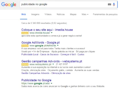 Figura 10 – Exemplo do PageRank. O site referente ao termo “publicidade no Google” surge, após  três anúncios, apenas em quarto lugar