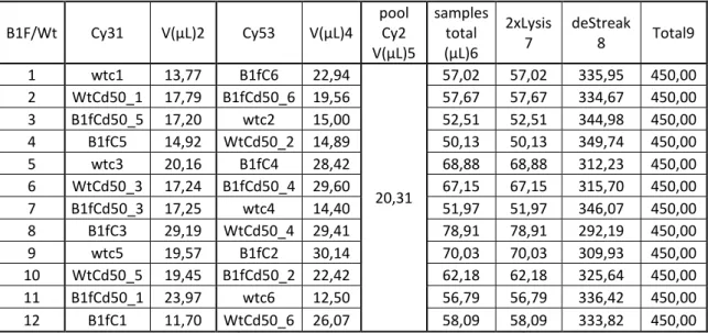 Table 3: table containing the mixtures made for each IPG strip in the B1F/Wt assay 
