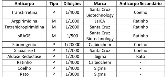 Tabela  II-3  –  Anticorpos  primários  e  secundários  utilizados  nas  detecções  por  Western  blotting  e  diluições  optimizadas utilizadas