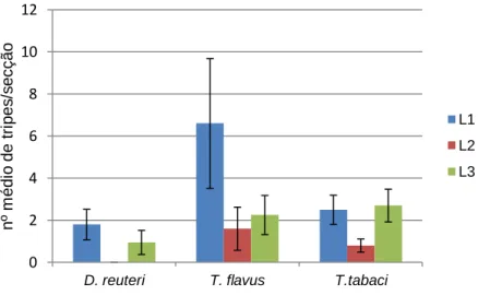 Figura  13 – Número médio de indivíduos  Drepanothrips reuteri Uzel,  Thrips flavus Schrank  e Thrips tabaci Lindeman por secção da cultura de amora, e respectivo erro padrão, na base  das linhas L1 a L3, de 24 de Março a 19 de Maio de 2011