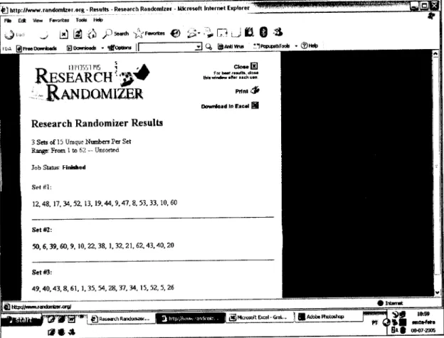 Figura 2.4.2. Captura do site do Research Randomizer, página de resultados  ( http://www.randomizer.org , consultado em 8-07-2005)