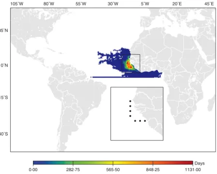 Fig. 2. Insights from Oceanographic Current Modelling. The mean distribution of virtual hatchlings after deployment in modelled oceanic loca- loca-tions around Poila˜o, Guinea Bissau