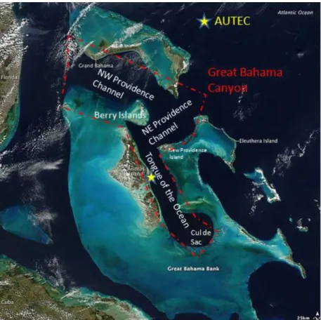 Figure 1 – The AUTEC range location within the Bahamas region, with main islands and regions