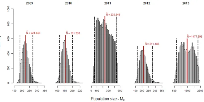 Figure 4 - Population size’s posterior distributions and respective estimated means (red vertical lines) under model M 0 ,  within each year
