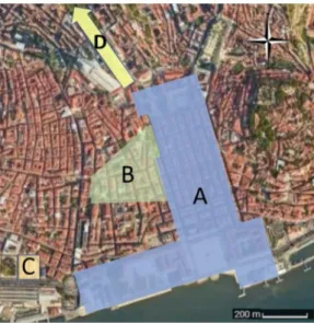 Figure 2. Lisbon city center. Source: authors (2020) on Google. Legend: A—Baixa; B—Chiado;