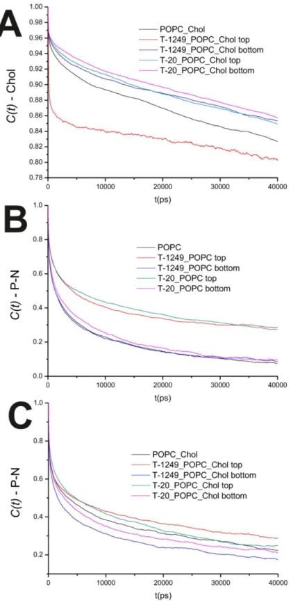 Figure  2.  (A)  Auto  correlation  functions  for  the  Chol  axis  in  the  POPC/Chol  bilayer  systems;  (B)  Auto  correlation  functions  for  the  P–N  axis  in  the  POPC  bilayer  systems;  
