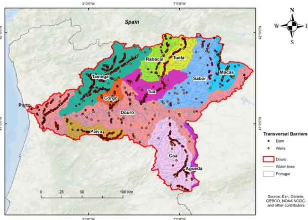Figure 4. Spatial distribution of dams and weirs within the Portuguese side of the Douro River Basin.