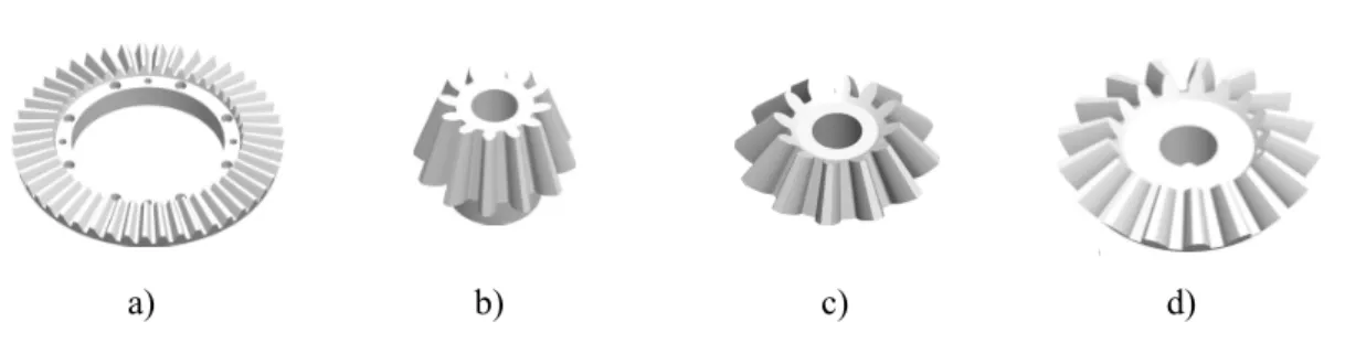 Fig. 3 - Gears sketched in PTC Creo: a) ring (crown); b) pinion; c) satellite; d) planetary