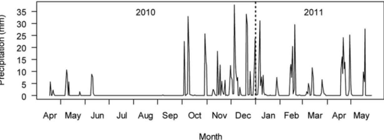 Figure 1. Local daily precipitation for the duration of the experiment (17 April 2010 – 26 May 2011)