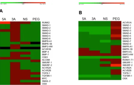 Fig 5. Fluidigm analysis. Heat-Map of (A) MG63s and (B) MSCS treated with the GNPs for 48 hours (green reflects a decrease in expression, whilst red reflects an increase)