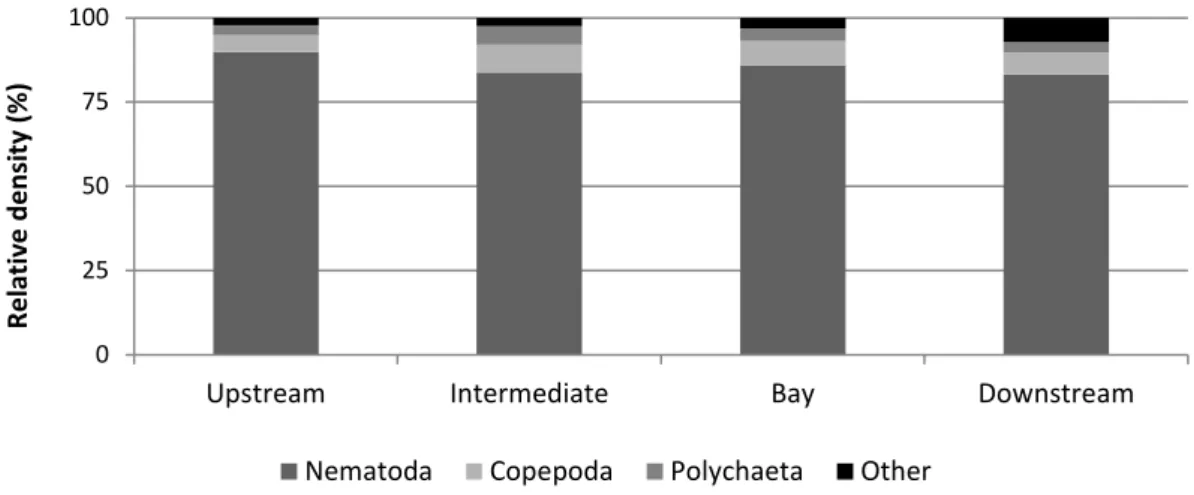 Figure 5 - Relative  density  (%)  for  the  total  meiofauna  density  at  each Tagus  estuary section (“Upstream”,