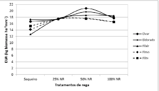 Figura 5 – Eficiência de utilização da água (EUA) na produção de biomassa nos diferentes tratamentos de rega  e variedades de grão de bico