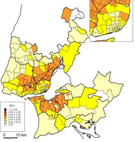 Figura 2.2 – Quocientes de Localização dos nacionais dos PALOP nas freguesias da AML em 2001  (com detalhe do concelho de Lisboa) 