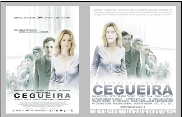 Figura 7 – Cartaz cinematográfico português da adaptação fílmica da obra Ensaio sobre da Cegueira  (1995) de José Saramago 65  / Palimpsesto verbo-cultural de carácter político do cartaz cinematográfico 66