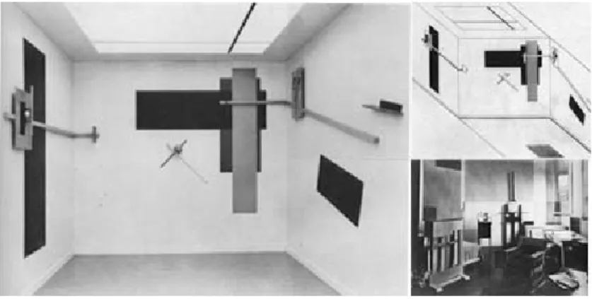 Fig. 65 – Projecto e vista da instalação Proun Space, de El Lissitzky, 1923 