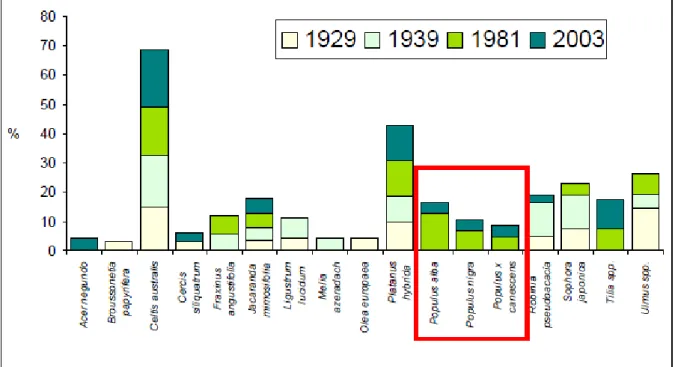 Figura 1 – Espécies arbóreas dominantes nas ruas de Lisboa registadas desde 1929 (Lopes et al, 2007) Extraído de: Soares e Castel-Branco, 2007 