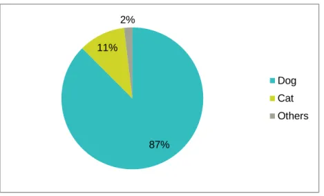 Figure  10  -  Distribution  of  animal  species  in  veterinary  practices.  Others  included rabbits, goats and dogs and cats in the same proportion