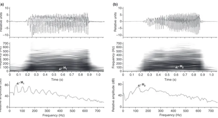 Fig. 2: Oscillogram, sonogram and power spectrum (of the middle tonal phase) of typical agonistic (a) and mating (b) boatwhistles emitted by the Lusitanian toadfish
