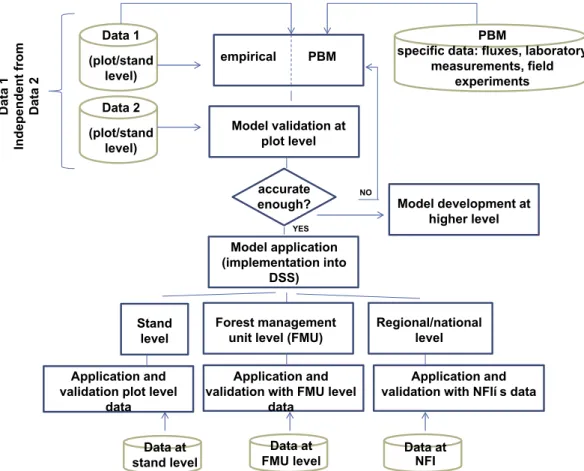Fig. 2. The role of different data sources during a growth model’s life span; DSS – Decision Support System, FMU – forest management unit, NFI – National Forest Inventory, PBM – process-based model.