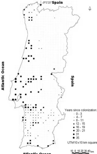 Figure 1. The expansion of the common waxbill Estrilda astrild in Portugal from 1964 to 1999 in a 1010-km UTM grid