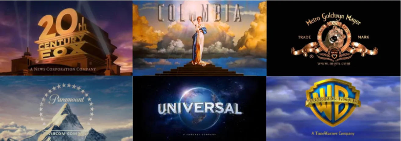 Figure  A2.  Still  image  of  several  opening  logos  of  major  film  brands:  (from  left  to  right)  20th  Century  Fox,  Columbia Pictures, Metro-Goldwyn-Mayer, Paramount Pictures, Universal Studios and Warner Bros