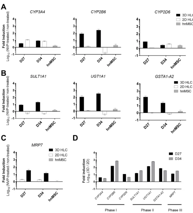Figure 2. Gene expression analyses of Phase I, II and III related genes of 3D- and 2D-HLCs after 3  (D27) and 10 days (D34) of NVP treatment
