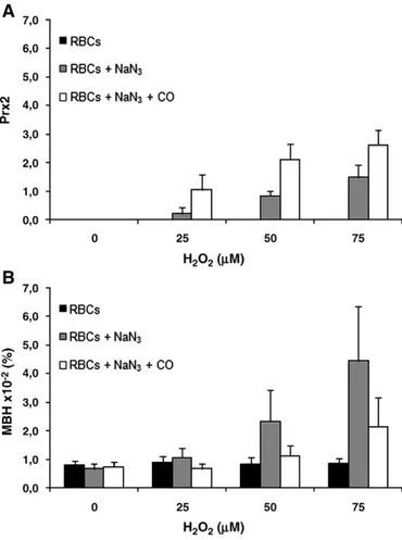 Fig. 3. Erythrocyte membrane linked peroxiredoxin 2 (Prx2) (A) and membrane bound hemoglobin (MBH) (B) amounts versus hydrogen peroxide concentration for the different assay conditions applied to erythrocyte suspensions
