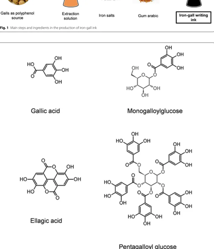 Fig. 2  Molecular structures for gallic and ellagic acids; monogalloyl glucose and pentagalloyl glucose