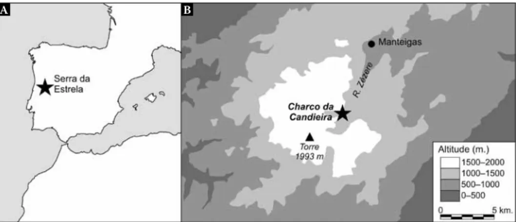 Fig. 1 – Map of the Iberian Peninsula showing the location of the Serra da Estrela (A) and the study  site of Charco da Candieira (B).