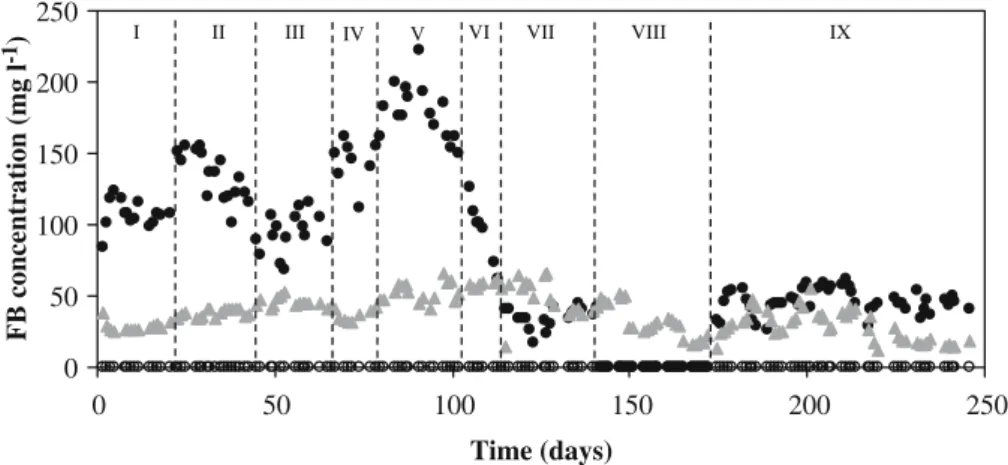 Fig. 2 Degradation of FB in the continuous UFBR operated under different concentrations of FB