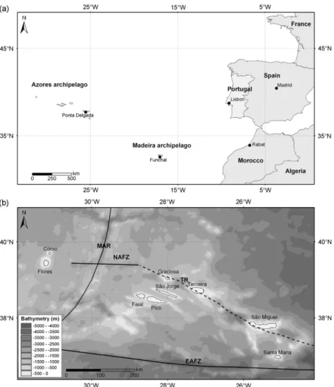 Figure 1. (a) Location map of the Azores archipelago and (b) main tectonic structures map of the Azores archipelago