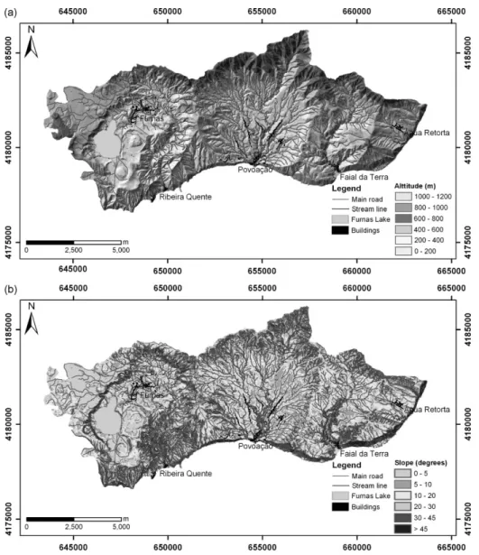 Figure 3. Povoa¸c˜ao County thematic maps: (a) hypsometric map and (b) slope map