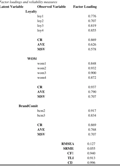 Table 7 – CFA of the market outcomes measurement model 