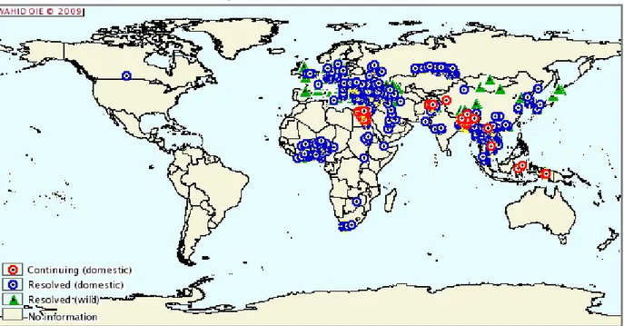 Fig. 9. Focos de gripe aviária de alta patogenicidade em aves domésticas e selvagens,   entre Janeiro de 2005 e Maio de 2009