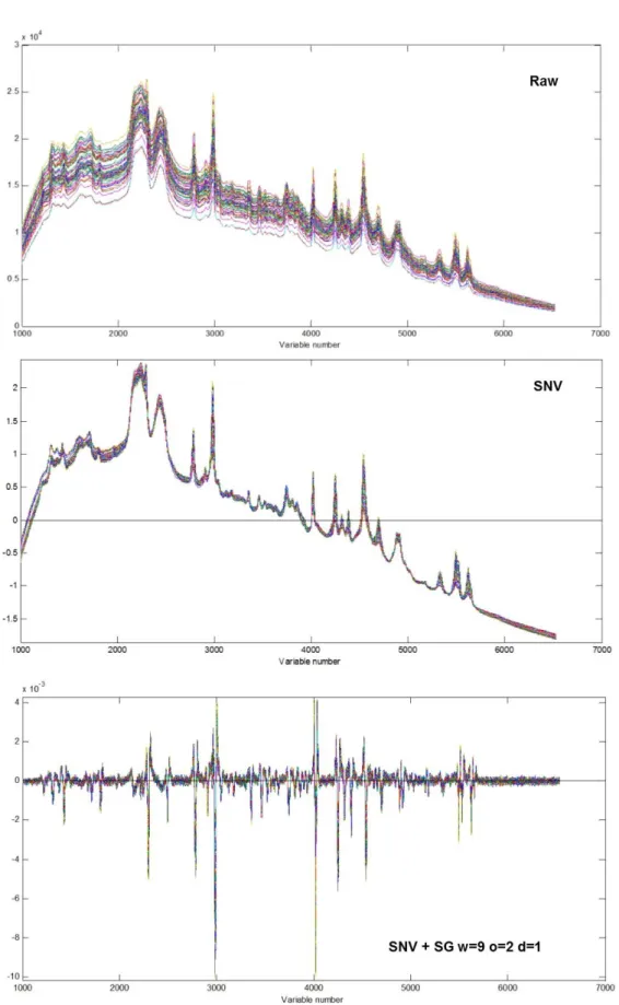 Figure  3.8  The  effect  of  preprocessing  of  Raman  spectra  of  tablets  (with  different  concentrations  of  paracetamol)  measured through white blister packaging using PhAT probe from Kaiser Optical Systems.[Latentix TM ]