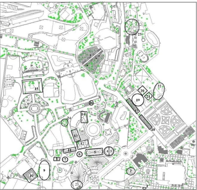 Figura 3.3 - Mapa do Jardim Zoológico de Lisboa e as respectivas instalações onde se encontram as Aves; (Adaptado do  mapa do Jardim Zoológico de Lisboa fornecido pela Curadora de Aves e Repteis: Telma Araújo)