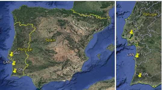 Figure 1: Location of the sites where data were collected. The labels LAN, FTL, FON and SAC correspond to Lantiscais, Fontanal, Fontainhas  and Sacavém respectively